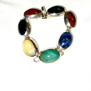 Vintage Mexico 925 Sterling Gemstone Bracelet with Oval Cabochons